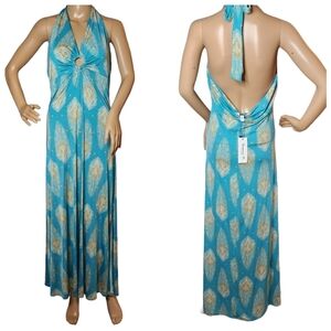 NWT Veronica M Nadya Halter Ring Stretch Maxi Dress. Size XL. Teal blue